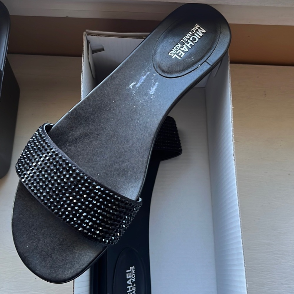 Michael Kors, black with accent top strip sliding ends, women’s size 9